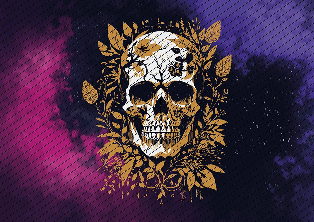 Totenkopf von goldenen Blättern umrahmt // Bügelbild