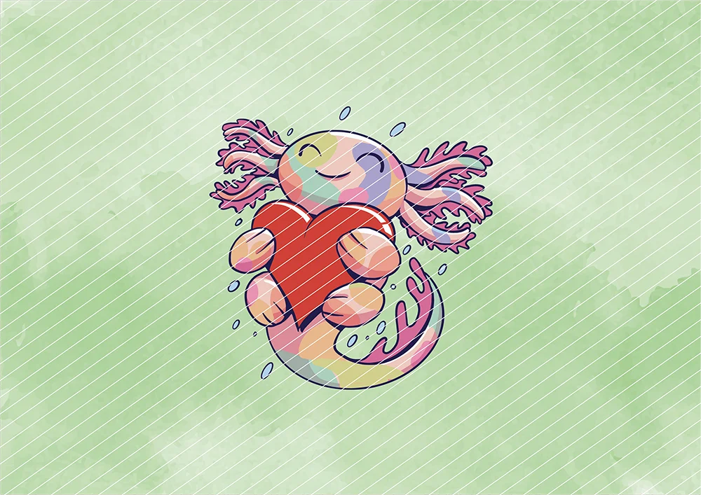 Axolotl umarmt Herz // Bügelbild