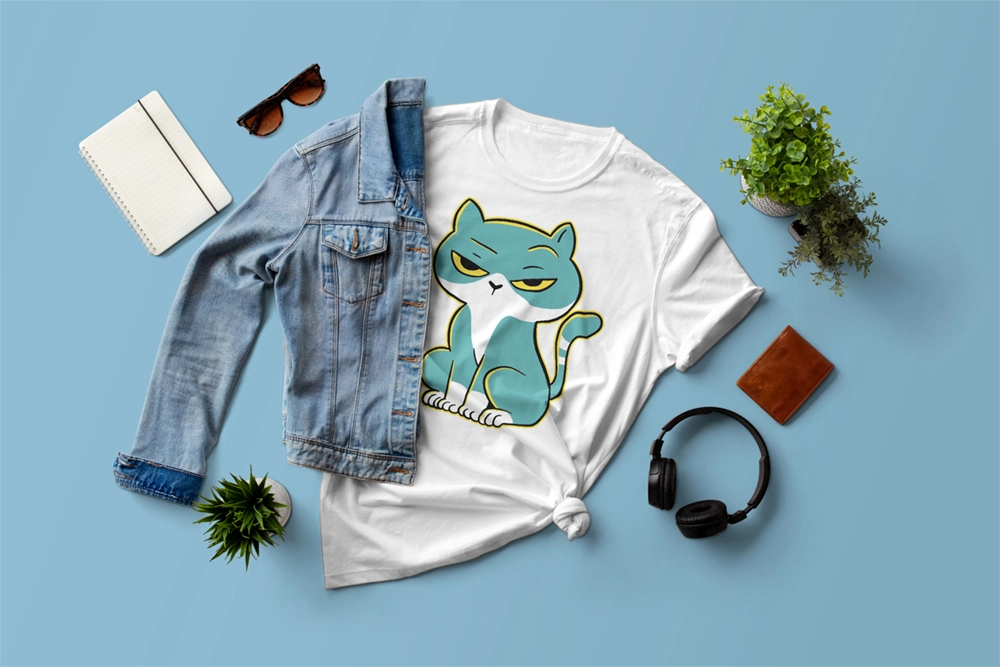 Weißes T-Shirt mit humorvollem Bügelbild einer mürrisch dreinblickenden Cartoon-Katze, präsentiert im Flatlay-Stil mit Jeansjacke, Pflanzen, Kopfhörer und Notizbuch auf hellblauem Hintergrund