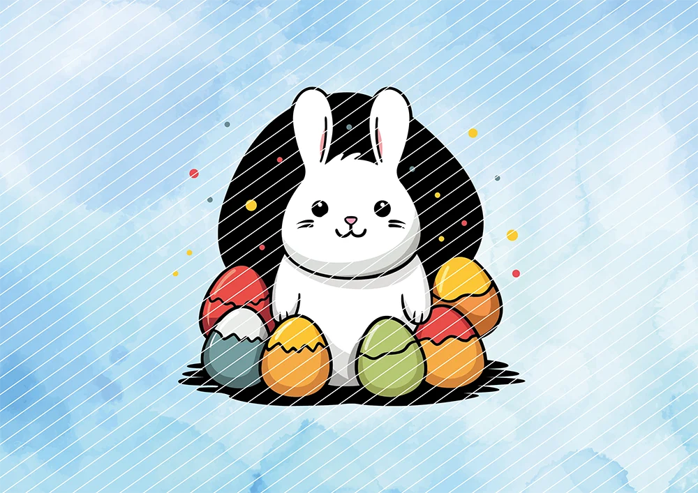 Hase umringt von bunten Ostereiern // Bügelbild