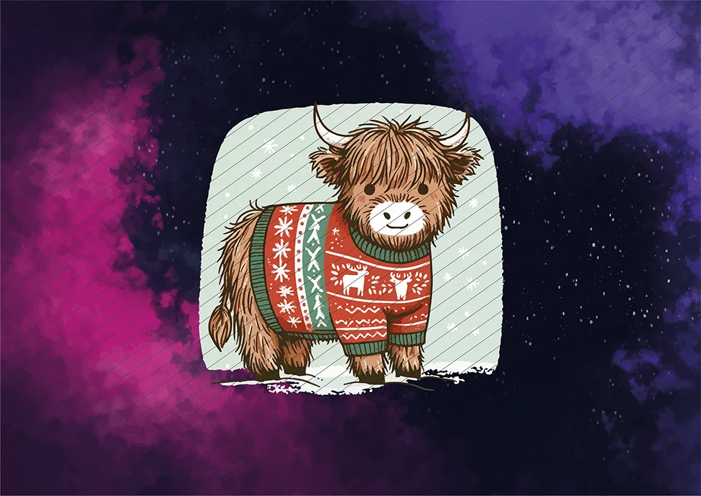 Highland-Kuh mit Winter-Pullover // Bügelbild