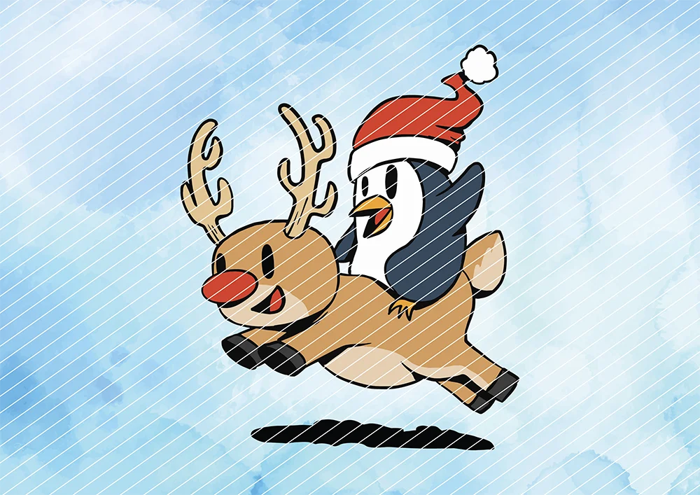 Pinguin reitet Rentier // Bügelbild