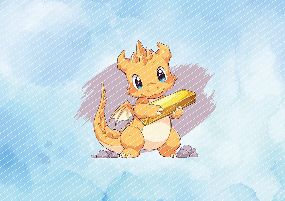 Süßer Drache mit Goldbarren // Bügelbild