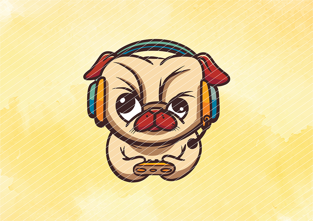 Bügelbild eines konzentrierten Mops mit Gaming-Headset und Gamepad – perfektes Design für Gamer und Hundeliebhaber