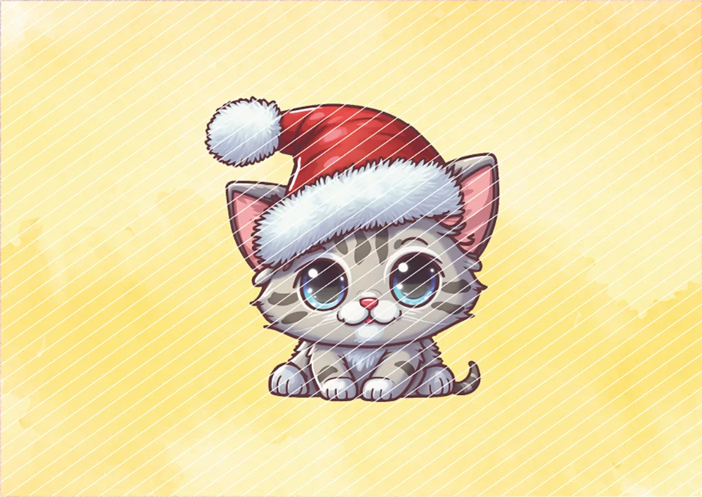 Grau getigerte Katze mit Weihnachtsmütze // Bügelbild