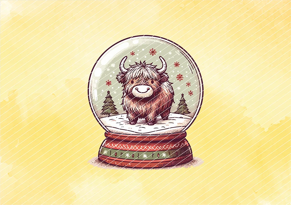 Highland-Cattle in Schneekugel // Bügelbild