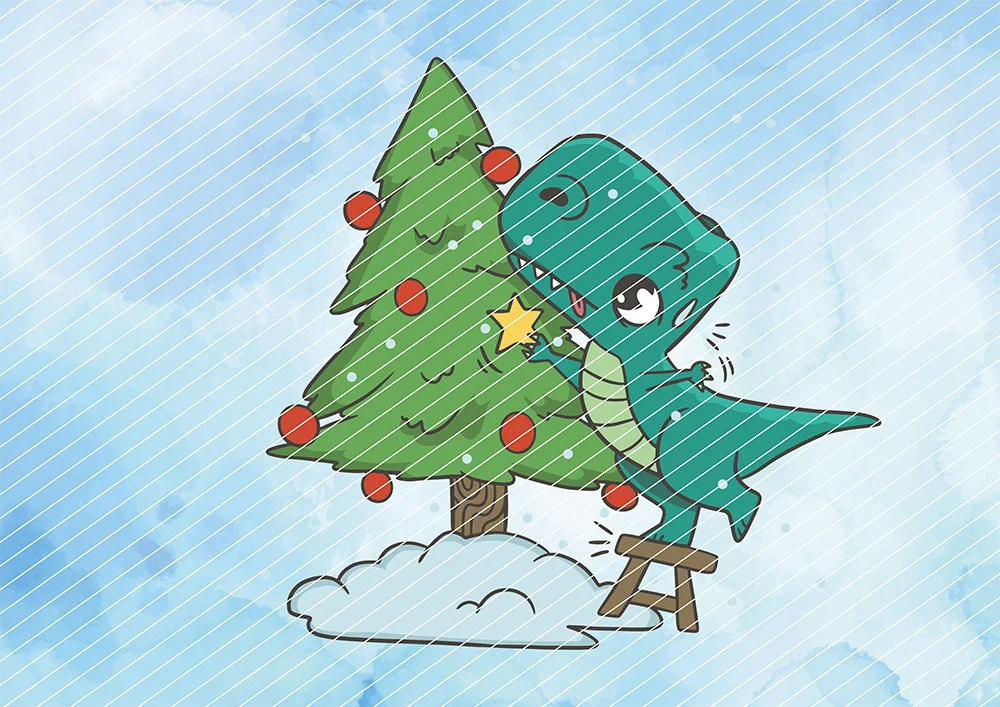 Dino schmückt Weihnachtsbaum // Bügelbild 