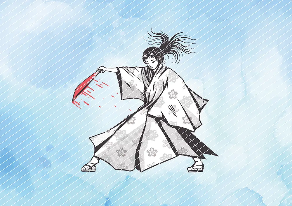 Samurai Kriegerin mit blutigem Säbel // Bügelbild