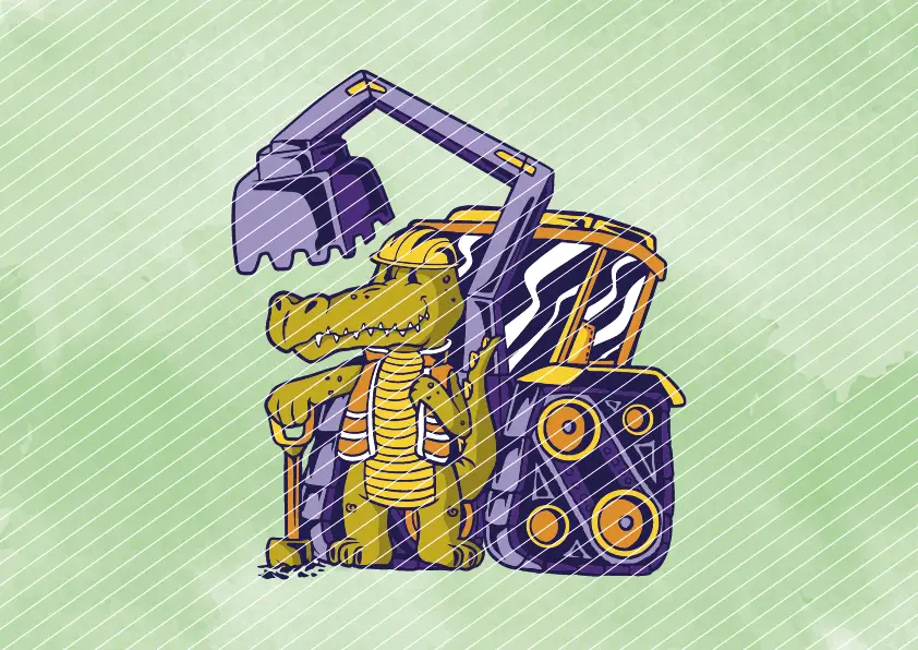Krokodil Bauarbeiter mit Bagger // Bügelbild