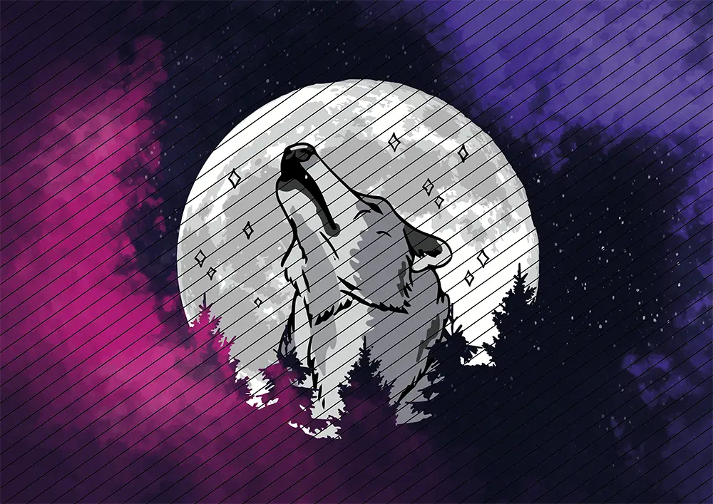 Heulender Wolf vor Vollmond // Bügelbild