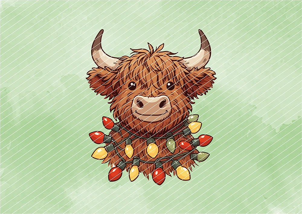 Highland-Kuh mit Lichterkette // Bügelbild