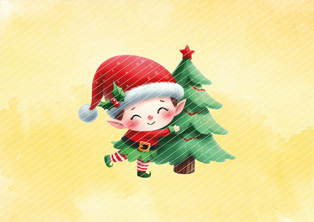 Weihnachtself umarmt Tannenbaum // Bügelbild