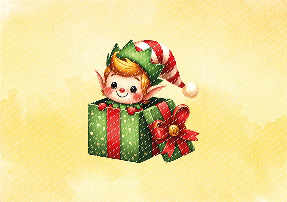 Niedlicher Weihnachtself schaut aus Geschenkebox // Bügelbild