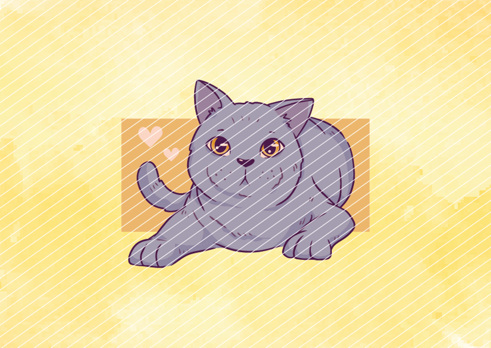 Illustration eines liebevollen Bügelbildes mit einer liegenden grauen Cartoon-Katze und rosa Herzchen auf einem warmen, gelben Hintergrund – perfekt für T-Shirts und textile DIY-Projekte