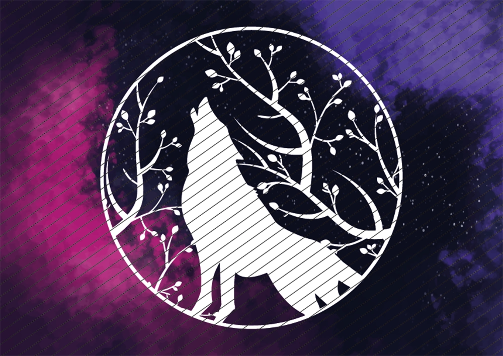 Wolf bei Mondschein mit Ästen & Blättern // Bügelbild