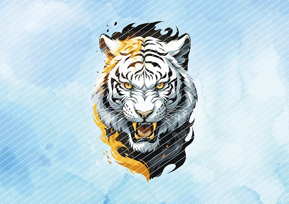 Tiger zwischen Flammen aus Schatten und Feuer // Bügelbild