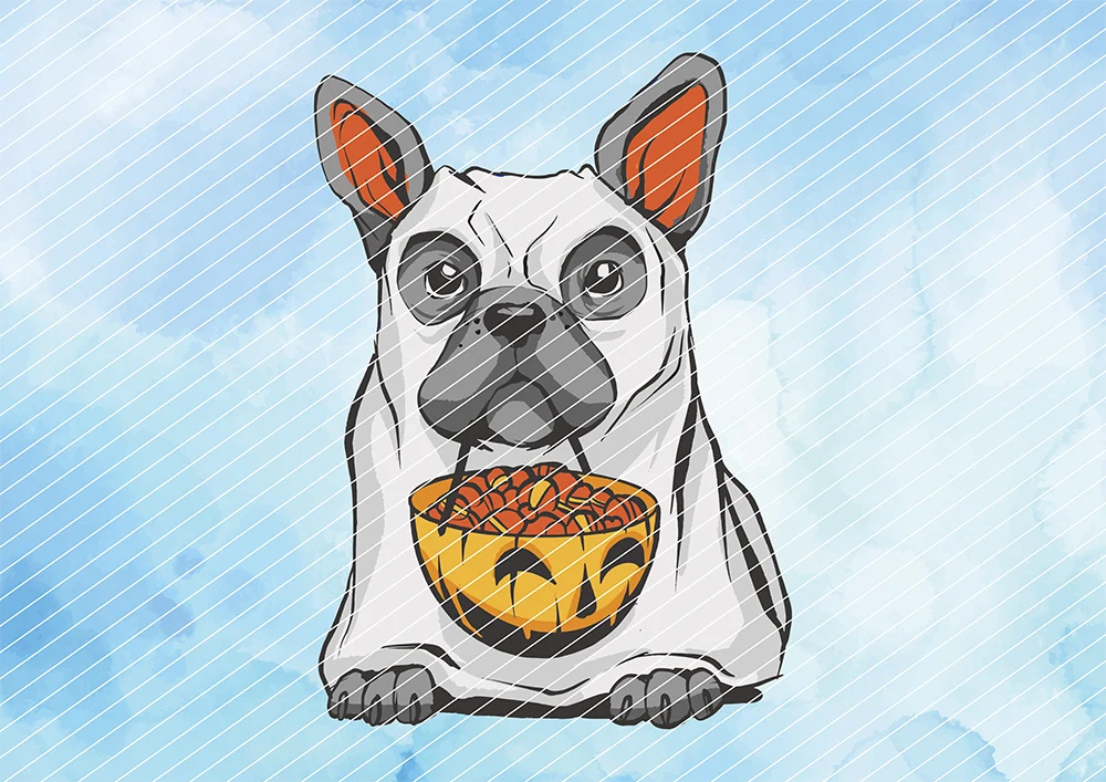 Bulldoge in Geister-Kostüm mit Kürbis-Eimer voller Süßigkeiten // Bügelbild