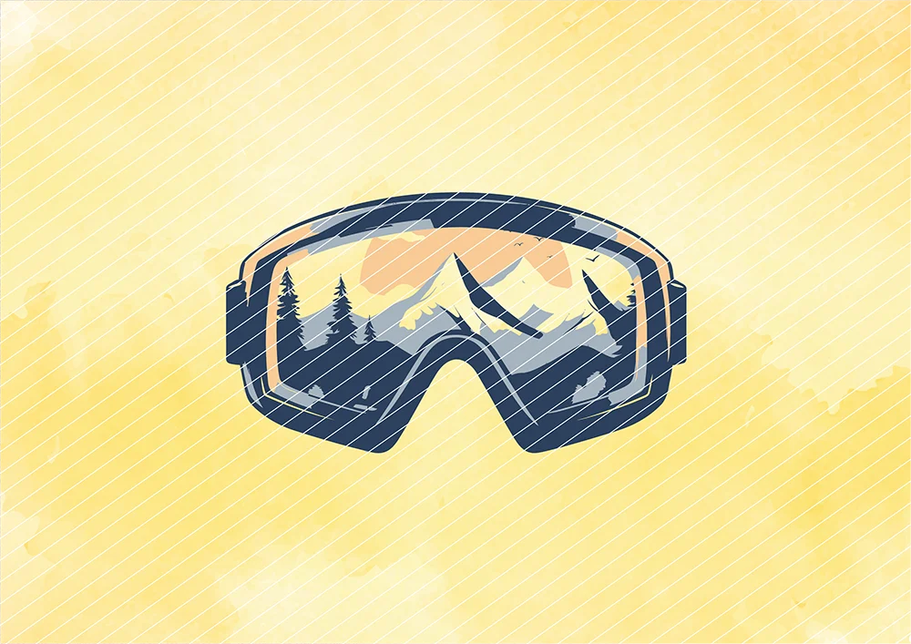 Skibrille mit Wald und Bergen // Bügelbild