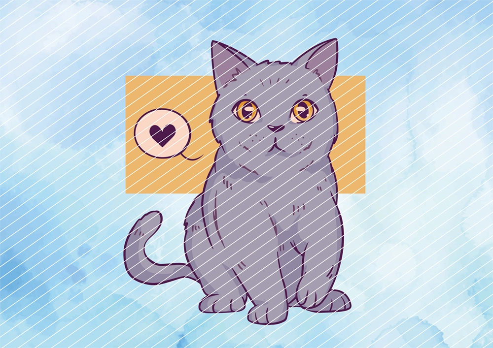 Bügelbild einer sitzenden, flauschigen grauen Katze und Herz-Sprechblase