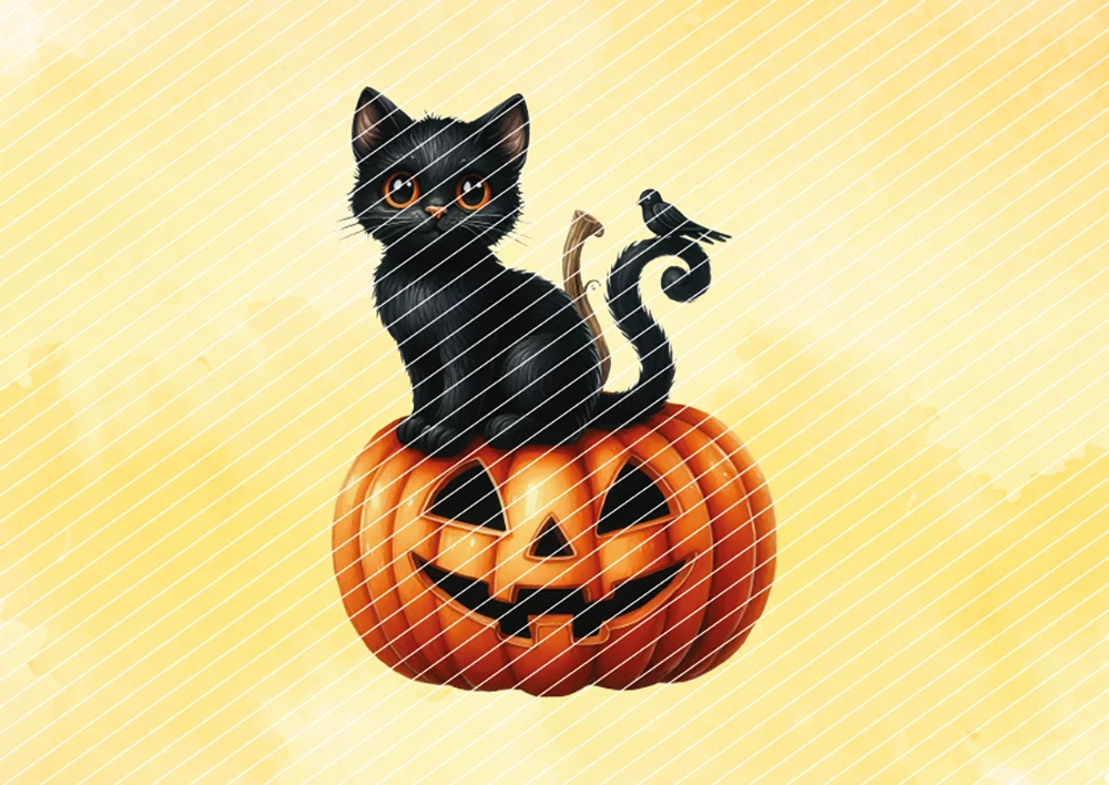 Katze sitzt auf Halloween-Kürbis // Bügelbild