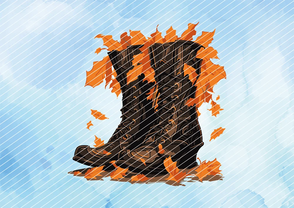 Stiefel mit Herbstlaub // Bügelbild