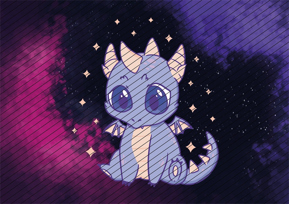 Niedliches lila Drachen-Bügelbild im Cartoon-Stil vor dunklem Hintergrund