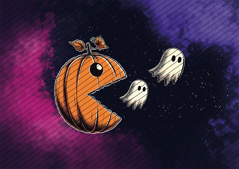 Halloween-Kürbis jagt Geister // Bügelbild