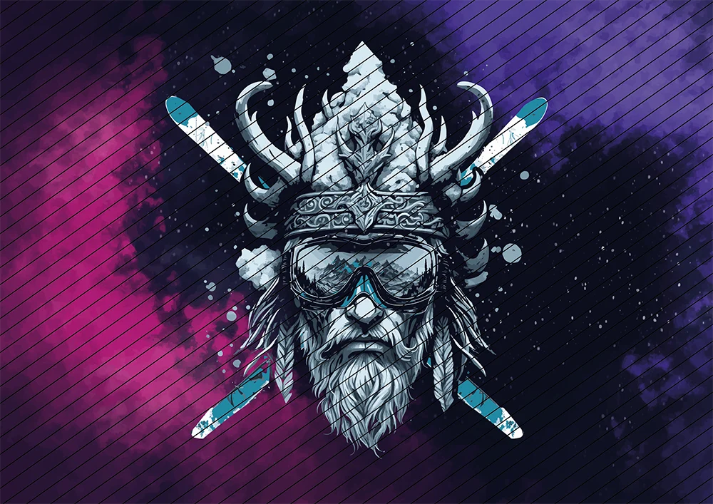 Mann mit Bart und gekreuzten Skiern // Bügelbild