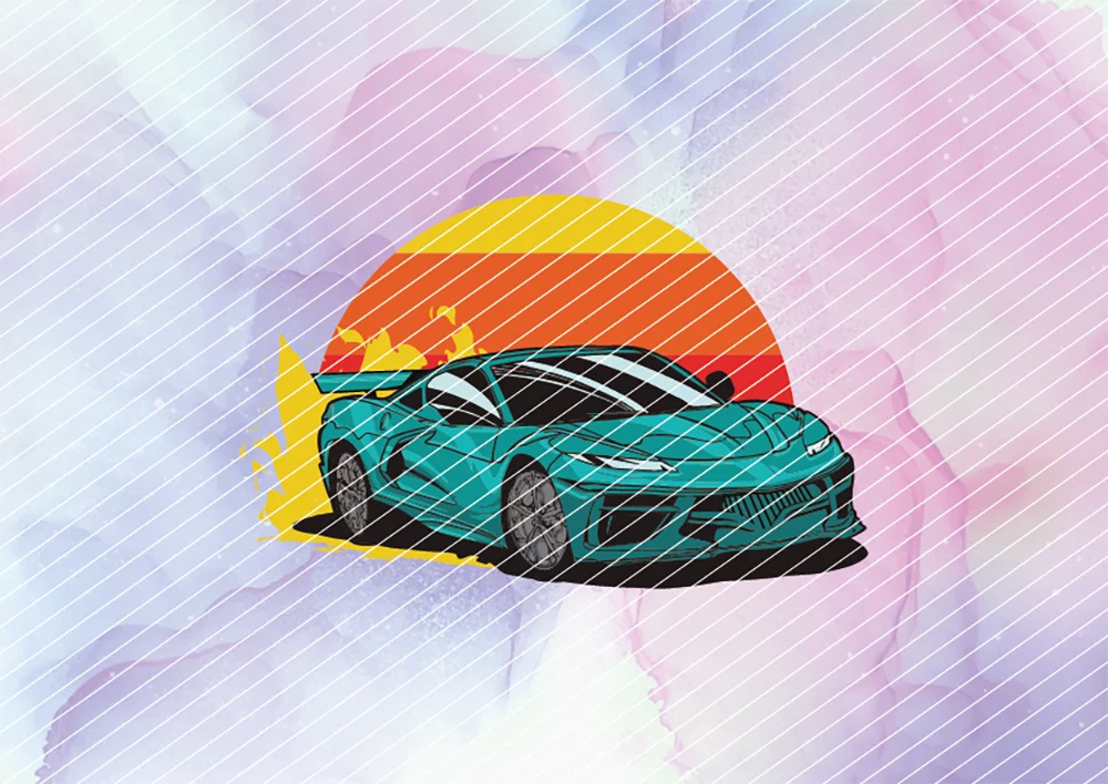 Rennauto rast in den Sonnenuntergang // Bügelbild